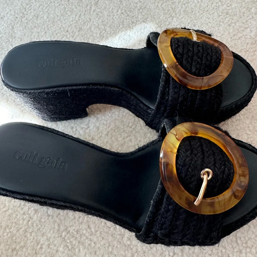 cult gaia Black Woven Platform Slide Sandals with Tortoiseshell Buckle